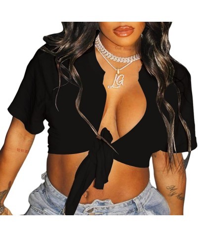 Women's Lips Print Open Front Crop Top Sexy Tie Knot Short Sleeve T-Shirt A Black $9.68 T-Shirts