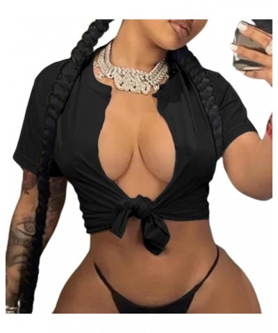 Women's Lips Print Open Front Crop Top Sexy Tie Knot Short Sleeve T-Shirt A Black $9.68 T-Shirts