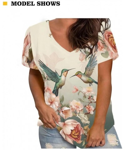 Women Novelty T-Shirts V Neck Summer Tops Graphic Tees Short Sleeve Blossom Hummingbird $14.49 Activewear