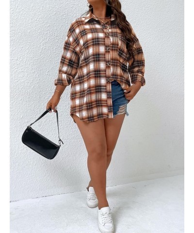 Women's Plus Size Plaid Button Up Blouse Long Sleeve Collar Shirt Oversized Tops Rust Brown $19.27 Blouses