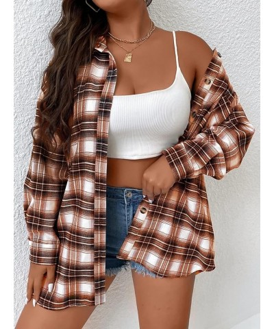 Women's Plus Size Plaid Button Up Blouse Long Sleeve Collar Shirt Oversized Tops Rust Brown $19.27 Blouses