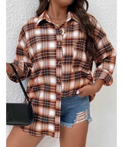 Women's Plus Size Plaid Button Up Blouse Long Sleeve Collar Shirt Oversized Tops Rust Brown $19.27 Blouses