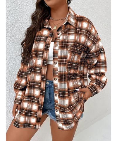 Women's Plus Size Plaid Button Up Blouse Long Sleeve Collar Shirt Oversized Tops Rust Brown $19.27 Blouses