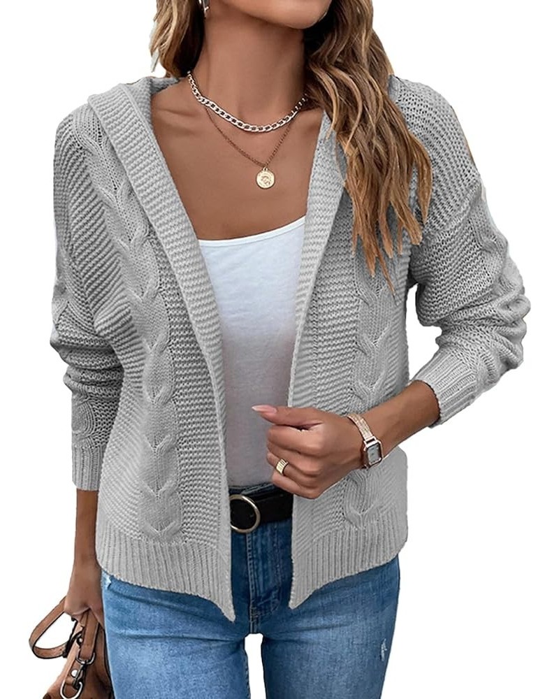 Women Cable Knit Hooded Cardigan Layered Open Front Chunky Knit Sweater Grey $22.16 Sweaters