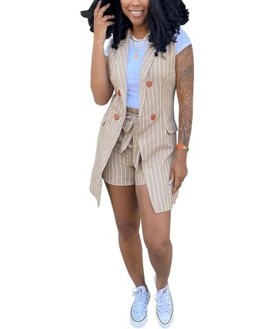 Women's Suits Two Piece Outfits - Elegant Stripe Sleeveless Vest Blazer Jacket + Self Tie Waist Shorts Set Khaki $21.07 Suits