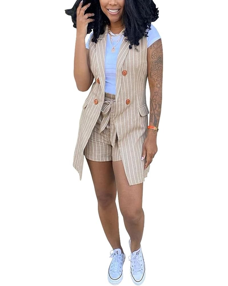 Women's Suits Two Piece Outfits - Elegant Stripe Sleeveless Vest Blazer Jacket + Self Tie Waist Shorts Set Khaki $21.07 Suits