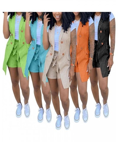 Women's Suits Two Piece Outfits - Elegant Stripe Sleeveless Vest Blazer Jacket + Self Tie Waist Shorts Set Khaki $21.07 Suits