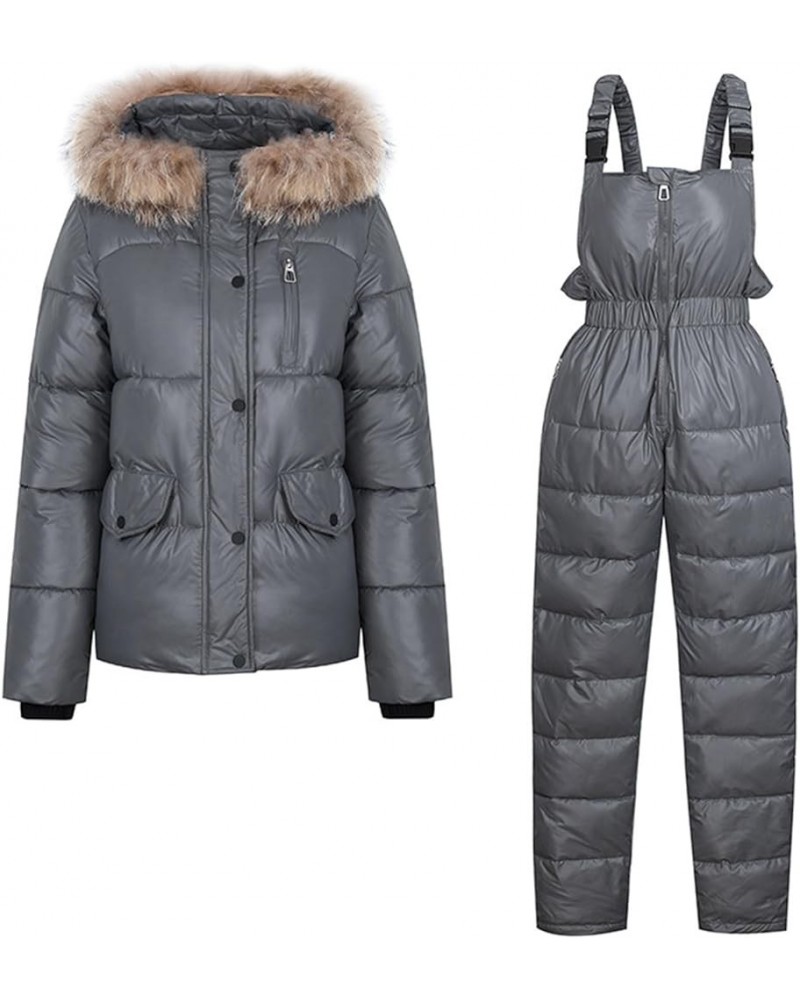 Women Winter Snowsuit 2 Piece Faux Fur Hooded Jacket and Ski Bib Overalls Thick Warm Ski Snow Suits Jumpsuit Outfits Dark Gra...