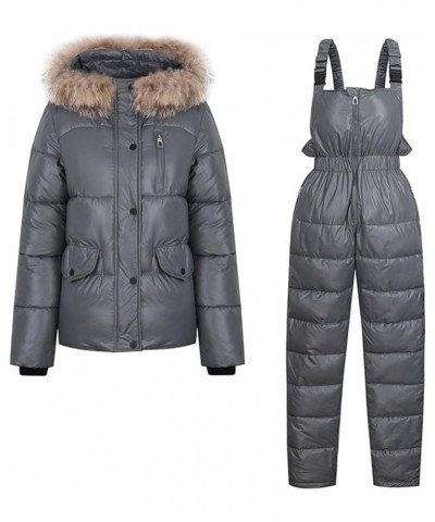 Women Winter Snowsuit 2 Piece Faux Fur Hooded Jacket and Ski Bib Overalls Thick Warm Ski Snow Suits Jumpsuit Outfits Dark Gra...