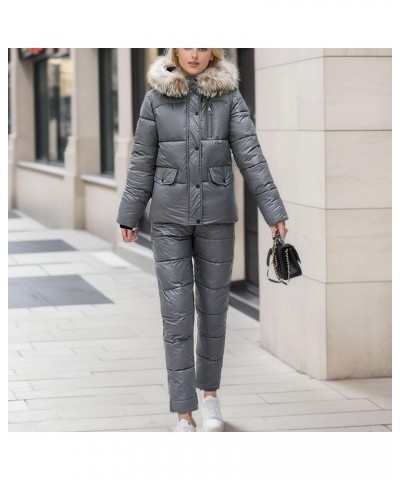 Women Winter Snowsuit 2 Piece Faux Fur Hooded Jacket and Ski Bib Overalls Thick Warm Ski Snow Suits Jumpsuit Outfits Dark Gra...