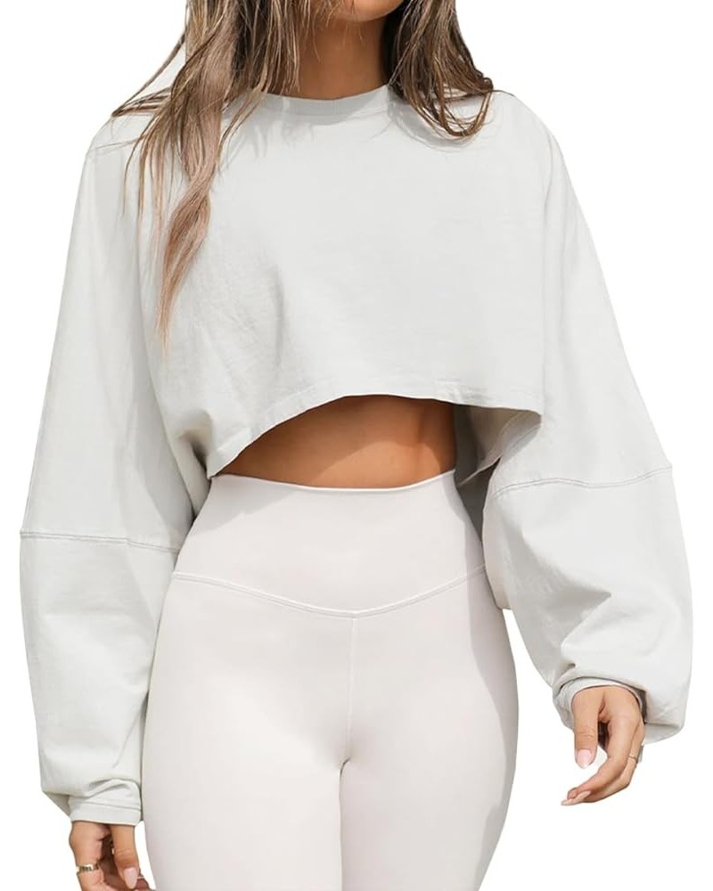 Women Long Sleeve Crop Tops Crewneck Casual Loose Workout Athletic Sweatshirts Pullover Tshirt Grey-white $12.96 Activewear