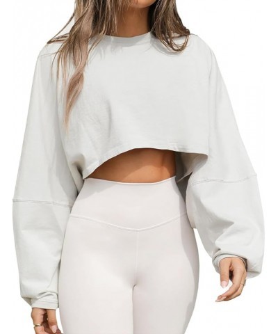 Women Long Sleeve Crop Tops Crewneck Casual Loose Workout Athletic Sweatshirts Pullover Tshirt Grey-white $12.96 Activewear