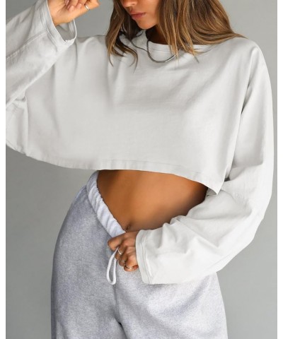 Women Long Sleeve Crop Tops Crewneck Casual Loose Workout Athletic Sweatshirts Pullover Tshirt Grey-white $12.96 Activewear