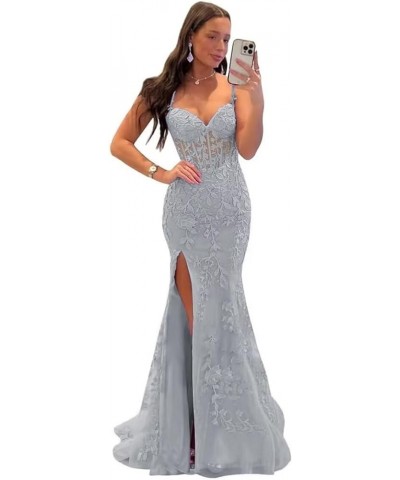 Elegant Lace Applique Mermaid Prom Dresses with Slit Spaghetti Straps Formal Dresses Tulle Party Gowns Silver $39.48 Dresses