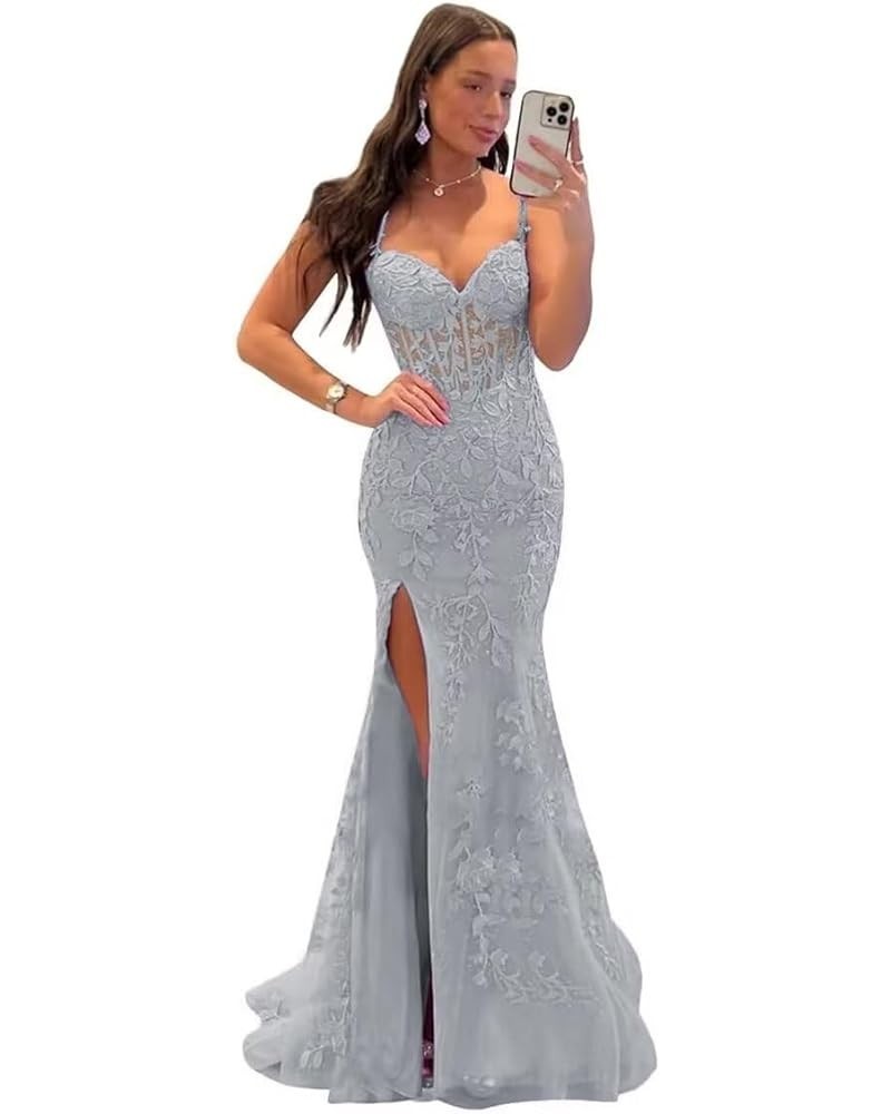 Elegant Lace Applique Mermaid Prom Dresses with Slit Spaghetti Straps Formal Dresses Tulle Party Gowns Silver $39.48 Dresses