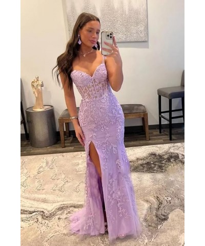 Elegant Lace Applique Mermaid Prom Dresses with Slit Spaghetti Straps Formal Dresses Tulle Party Gowns Silver $39.48 Dresses