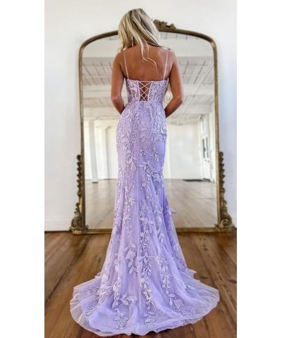 Elegant Lace Applique Mermaid Prom Dresses with Slit Spaghetti Straps Formal Dresses Tulle Party Gowns Silver $39.48 Dresses