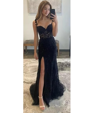 Elegant Lace Applique Mermaid Prom Dresses with Slit Spaghetti Straps Formal Dresses Tulle Party Gowns Silver $39.48 Dresses