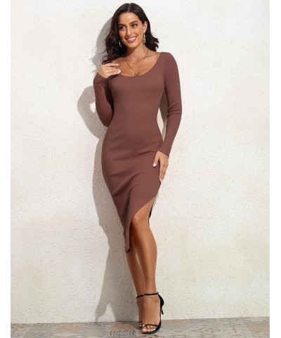 Women's Fall Sweater Dress Scoop Neck Long Sleeve Ribbed Knit Bodycon Slit Midi Dress Coffee $25.43 Sweaters