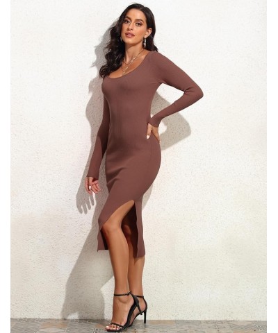 Women's Fall Sweater Dress Scoop Neck Long Sleeve Ribbed Knit Bodycon Slit Midi Dress Coffee $25.43 Sweaters