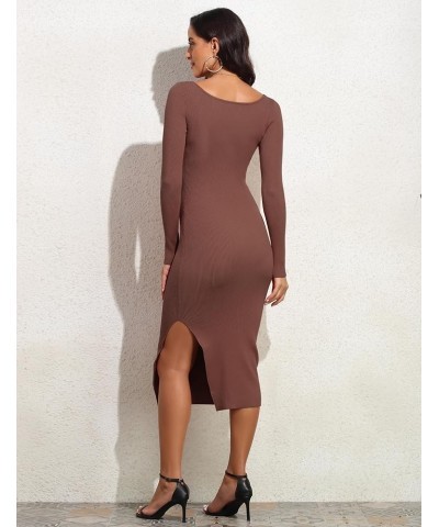 Women's Fall Sweater Dress Scoop Neck Long Sleeve Ribbed Knit Bodycon Slit Midi Dress Coffee $25.43 Sweaters