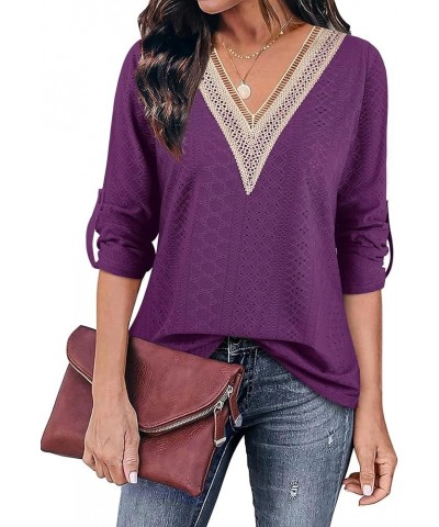 Womens 3/4 Roll Sleeve Plaid Shirt Business Casual Blouses and Tops Dressy for Work A1 Purple $18.00 Blouses