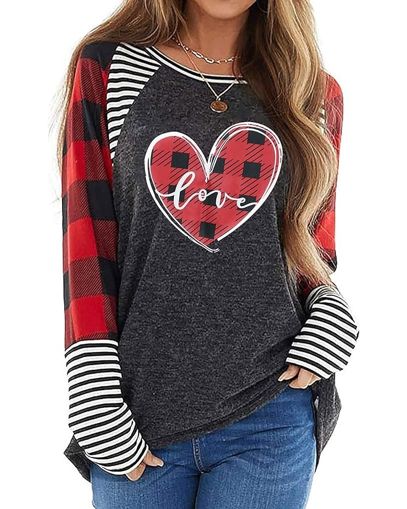 Valentines Day T Shirt for Women Buffalo Plaid Love Heart Graphic Print Stripe Long Sleeve Tee Tops Grey $7.50 T-Shirts
