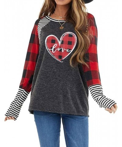 Valentines Day T Shirt for Women Buffalo Plaid Love Heart Graphic Print Stripe Long Sleeve Tee Tops Grey $7.50 T-Shirts