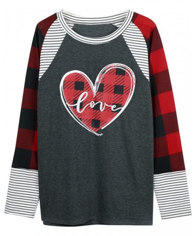 Valentines Day T Shirt for Women Buffalo Plaid Love Heart Graphic Print Stripe Long Sleeve Tee Tops Grey $7.50 T-Shirts