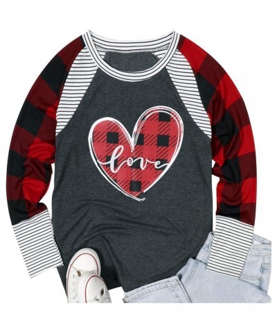 Valentines Day T Shirt for Women Buffalo Plaid Love Heart Graphic Print Stripe Long Sleeve Tee Tops Grey $7.50 T-Shirts