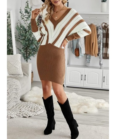 Womens Long Sleeve Color Block Sweater Dress Casual Loose Elasticity Winter Knit Pullover Dresses C Khaki $23.39 Sweaters