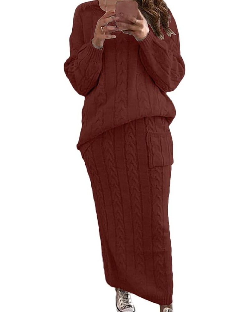 Women's Winter Chunky Cable Knit Long Skirt 2 Piece Outfit Sweater Sets Wine Red $28.25 Activewear