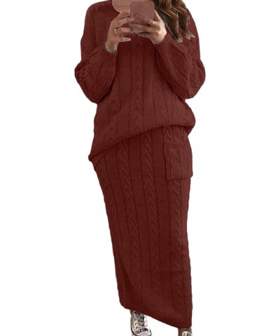 Women's Winter Chunky Cable Knit Long Skirt 2 Piece Outfit Sweater Sets Wine Red $28.25 Activewear