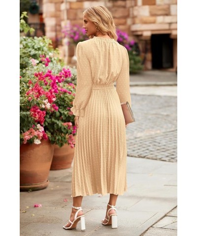 Women's 2024 Fall Midi Dress Casual Long Sleeve V Neck Swiss Dot Pleated A Line Flowy Dresses Apricot $25.20 Dresses