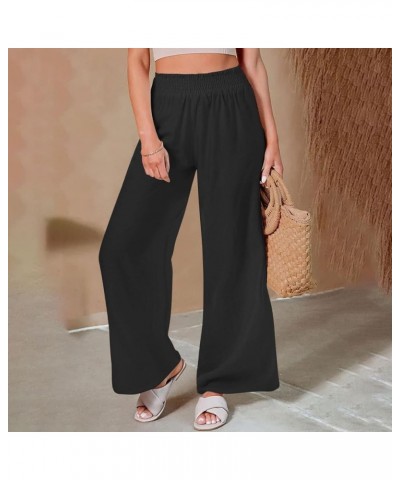 Women Elastic High Waist Long Pants Wide Leg Cotton Linen Trousers Lightweight Casual Palazzo Pants with Pockets 01 Black $9....