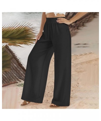 Women Elastic High Waist Long Pants Wide Leg Cotton Linen Trousers Lightweight Casual Palazzo Pants with Pockets 01 Black $9....