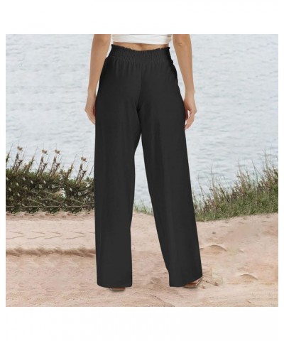 Women Elastic High Waist Long Pants Wide Leg Cotton Linen Trousers Lightweight Casual Palazzo Pants with Pockets 01 Black $9....