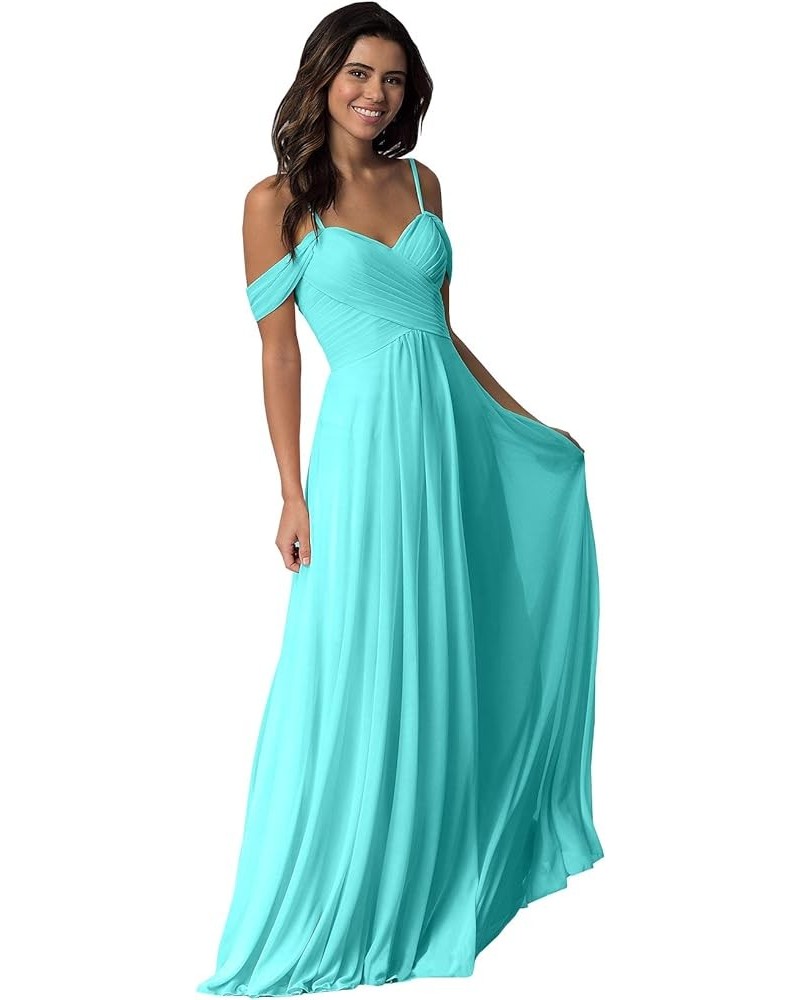 Women's Off The Shoulder Bridesmaid Dresses with Pockets Chiffon Pleated Long Formal Evening Gowns Turquoise $23.10 Dresses