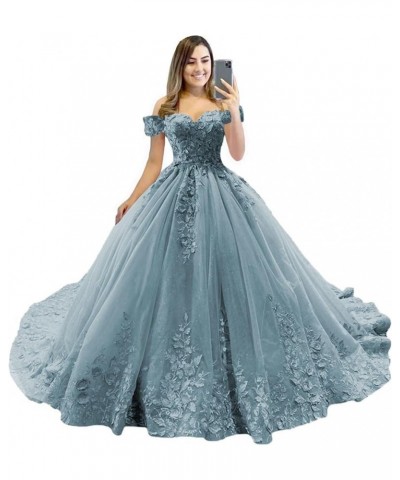 Floral Flower Quinceanera Dresses Lace Princess Ball Gown Puffy Sparkly Tulle Sweet 16 Dresses for Birthday Party Dusty Blue ...