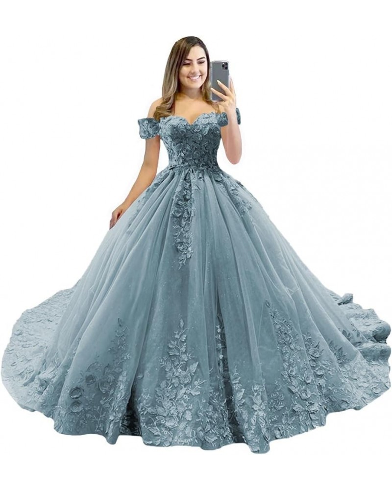 Floral Flower Quinceanera Dresses Lace Princess Ball Gown Puffy Sparkly Tulle Sweet 16 Dresses for Birthday Party Dusty Blue ...