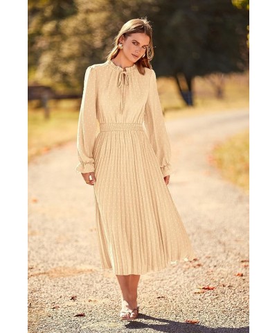 Women's 2024 Fall Midi Dress Casual Long Sleeve V Neck Swiss Dot Pleated A Line Flowy Dresses Apricot $25.20 Dresses