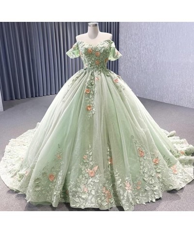 Floral Flower Quinceanera Dresses Lace Princess Ball Gown Puffy Sparkly Tulle Sweet 16 Dresses for Birthday Party Dusty Blue ...