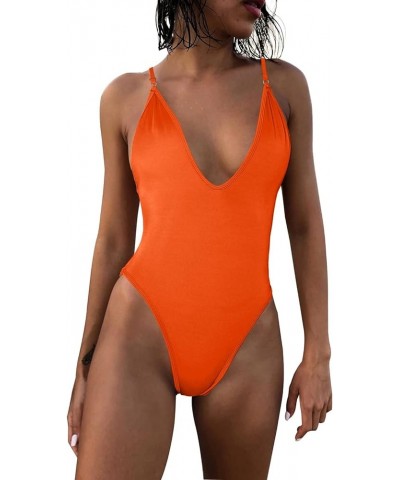 Womens Sexy One Piece Swimsuits Deep V Neck Adjustable Spaghetti Straps Backless Thong Bathing Suit Orange $11.00 Swimsuits