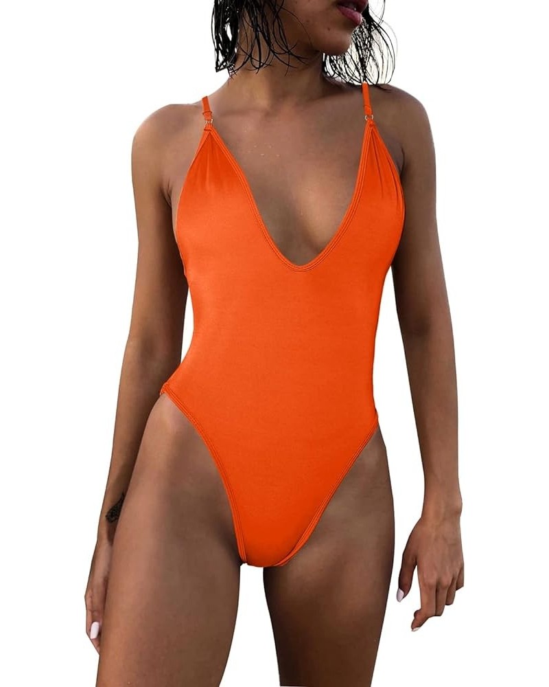 Womens Sexy One Piece Swimsuits Deep V Neck Adjustable Spaghetti Straps Backless Thong Bathing Suit Orange $11.00 Swimsuits