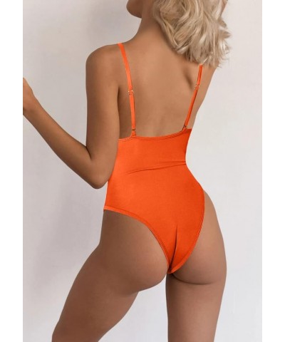 Womens Sexy One Piece Swimsuits Deep V Neck Adjustable Spaghetti Straps Backless Thong Bathing Suit Orange $11.00 Swimsuits