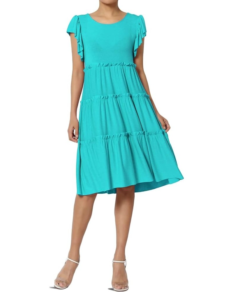 Women's Flutter Ruffle Cap Sleeve Tiered Jersey Babydoll A-Line Midi Day Dress Ruffle Ice Blue $16.11 Dresses