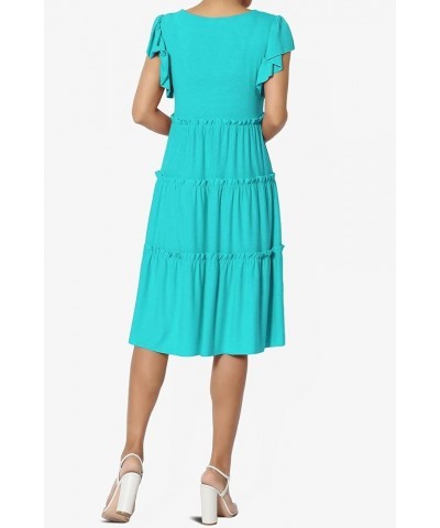 Women's Flutter Ruffle Cap Sleeve Tiered Jersey Babydoll A-Line Midi Day Dress Ruffle Ice Blue $16.11 Dresses