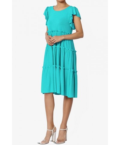 Women's Flutter Ruffle Cap Sleeve Tiered Jersey Babydoll A-Line Midi Day Dress Ruffle Ice Blue $16.11 Dresses