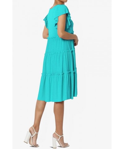 Women's Flutter Ruffle Cap Sleeve Tiered Jersey Babydoll A-Line Midi Day Dress Ruffle Ice Blue $16.11 Dresses