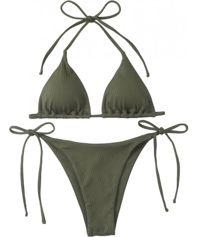 Women's Metallic Halter Top Two Piece Swimsuit Tie Side Triangle Bikini Solid Army Green $15.05 Swimsuits